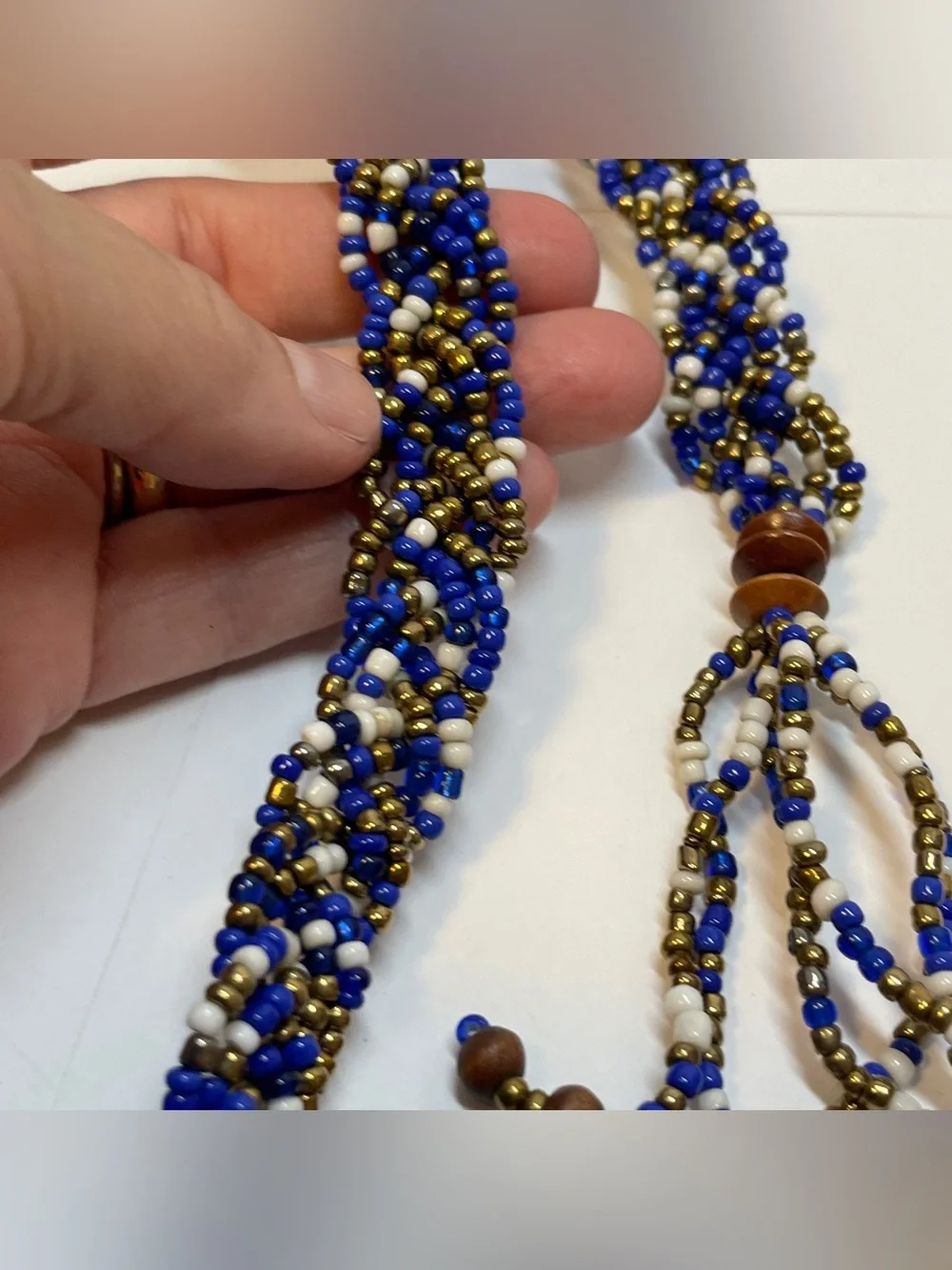 Braided Boho Native Am Style Seed Bead Adjustable Belt Blue Cream Brass, 60”